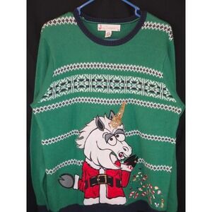 Jolly Sweaters Mens L Ugly Christmas‎ Sweater Green Unicorn Santa Claus Holiday